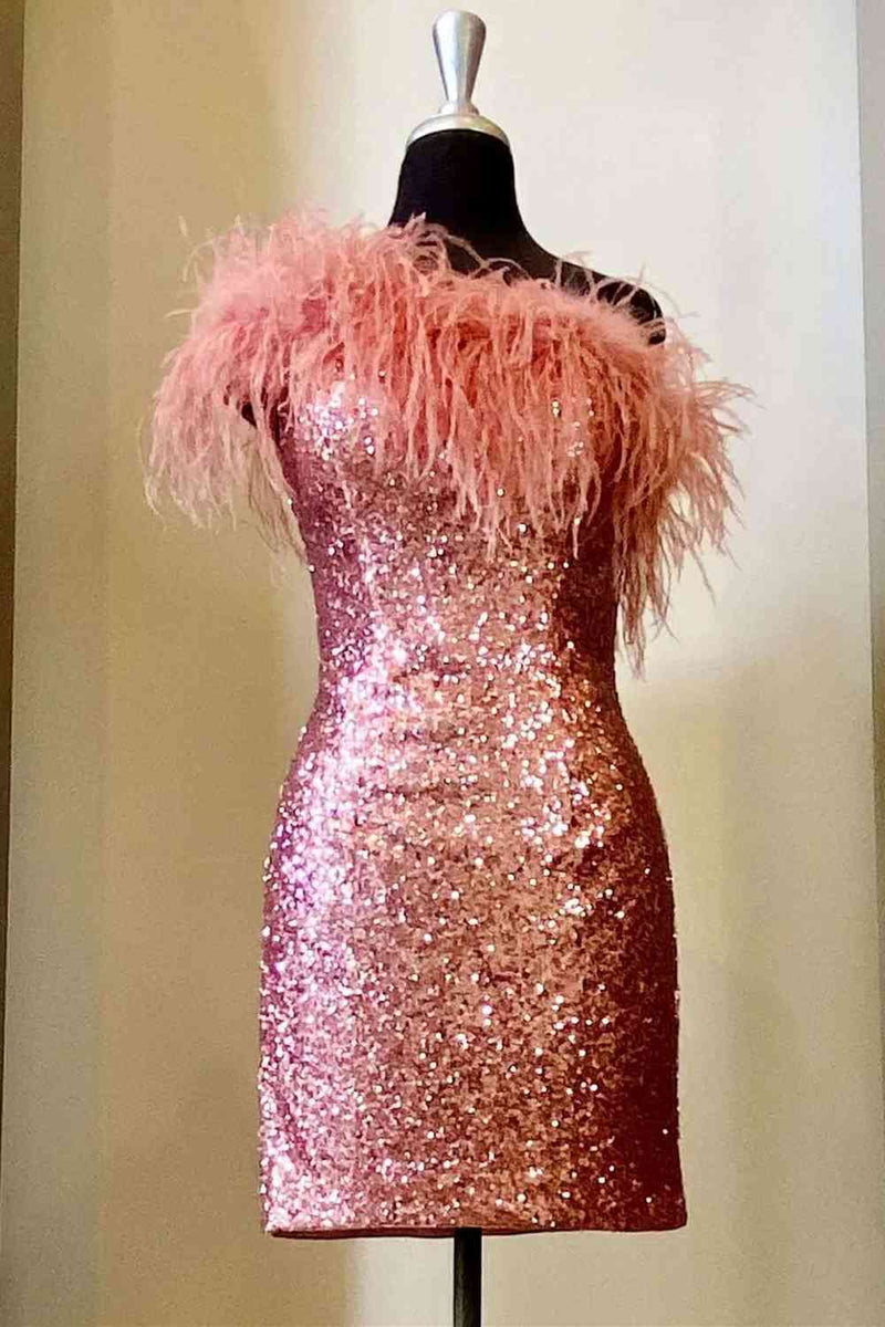 FancyVestido One Shoulder Long Sleeve Hot Pink Sequined Short Homecoming Dress US 10 / Gold