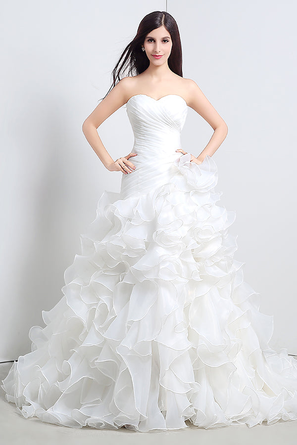 Princess Long Strapless A-line White Wedding Dress with Ruffles ...